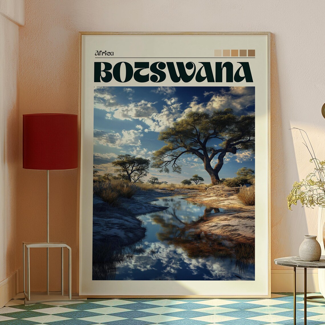 Botswana Africa Savanna Waterhole Sunset Acacia Safari Travel Poster - Image 2