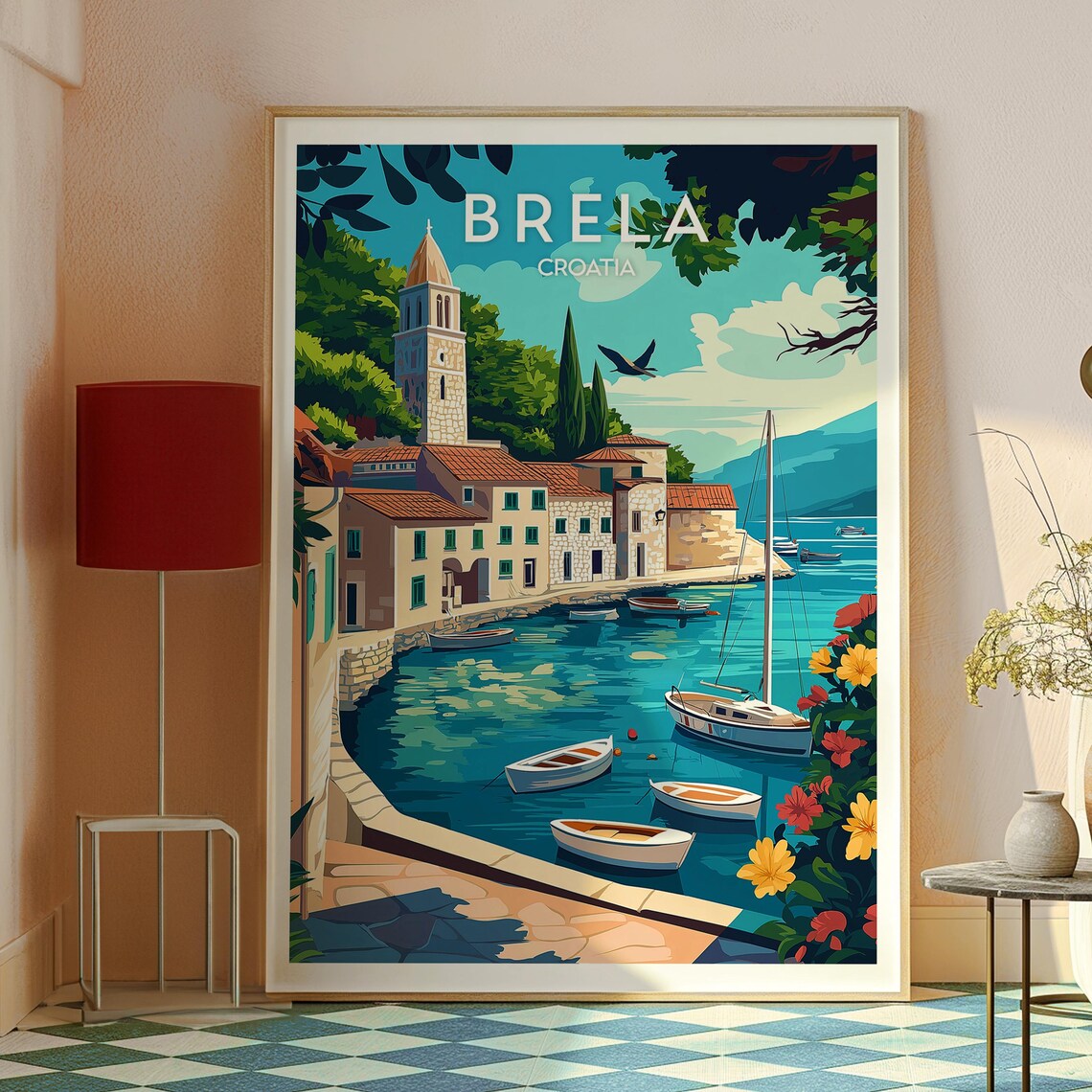 Brela Croatia Vintage Style Harbor Church Tower Travel Poster - Image 2