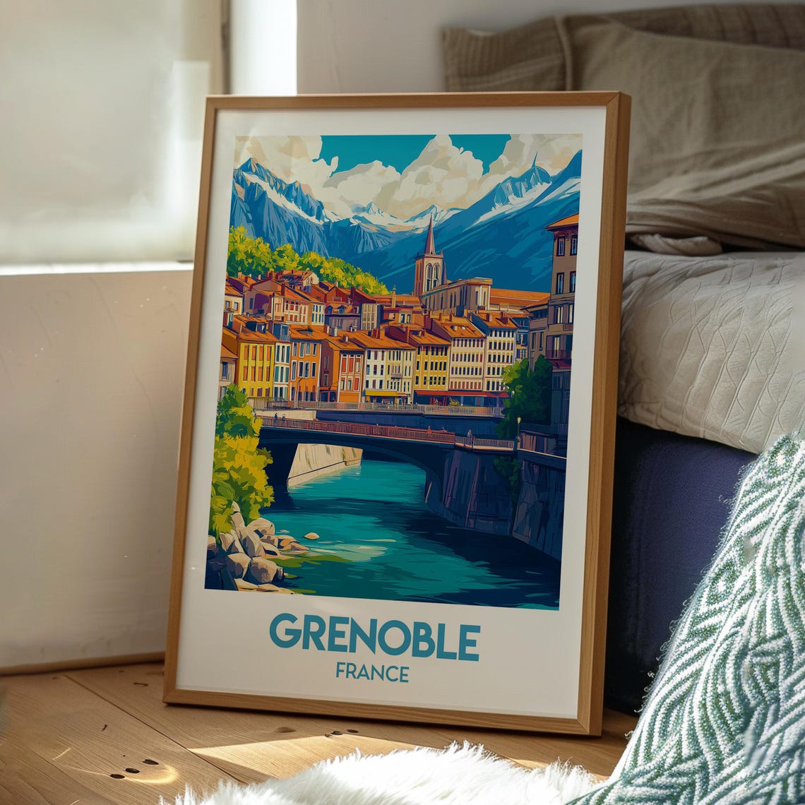 Grenoble France River Bridge Old Town Alps Mountain View Travel Poster - Image 3