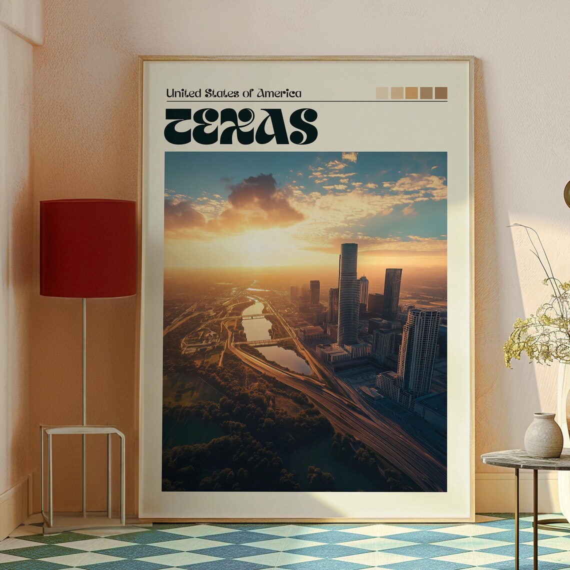 Texas USA Downtown Skyline Sunset Aerial Retro Travel Poster - Image 2
