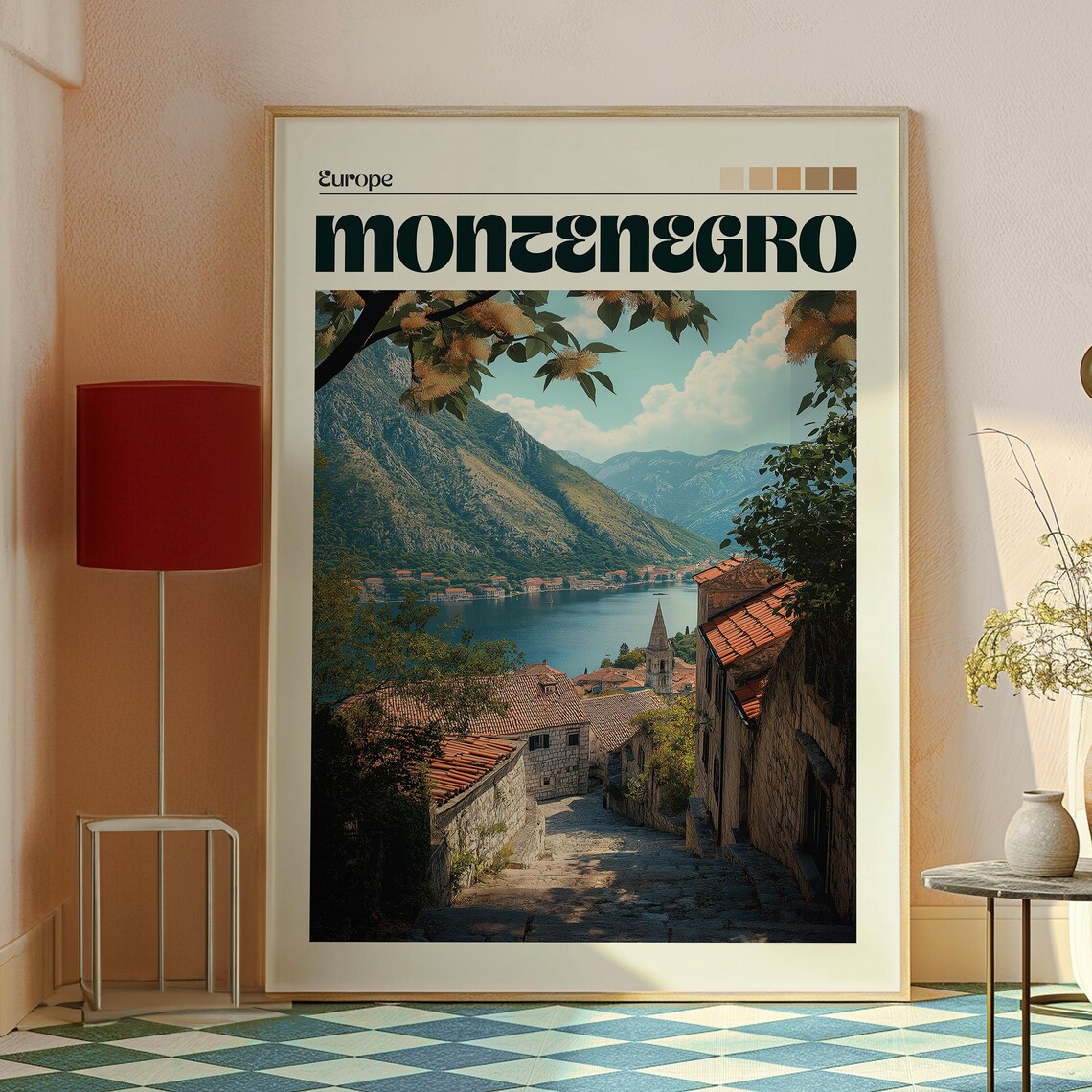 Montenegro Europe Kotor Bay Red Roof Village Mountain Poster - Image 2