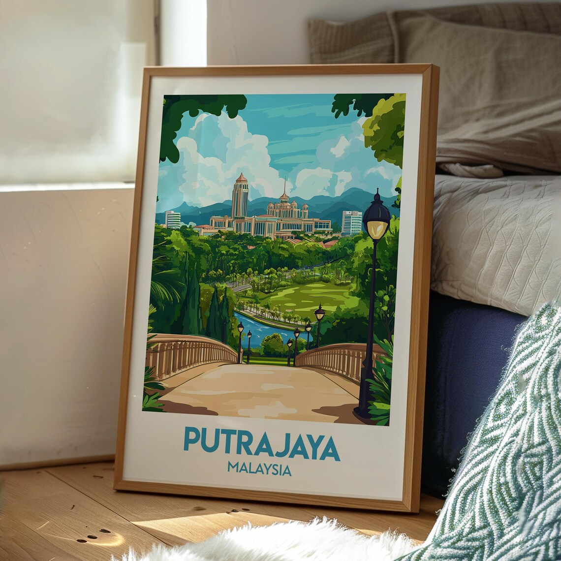 Putrajaya Malaysia Lakeside Mosque Bridge Retro Travel Poster - Image 3