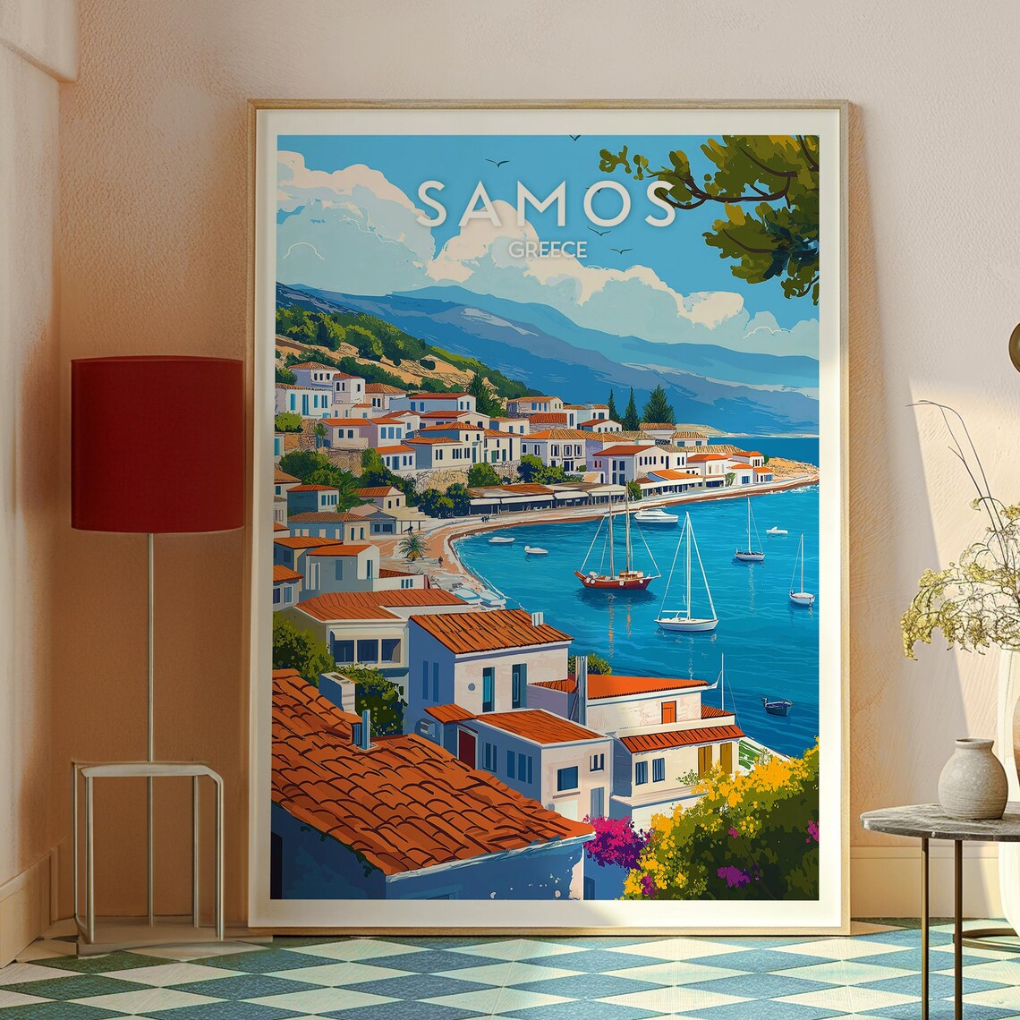 Samos Greece Island Harbor White Houses and Sailboats Poster - Image 2