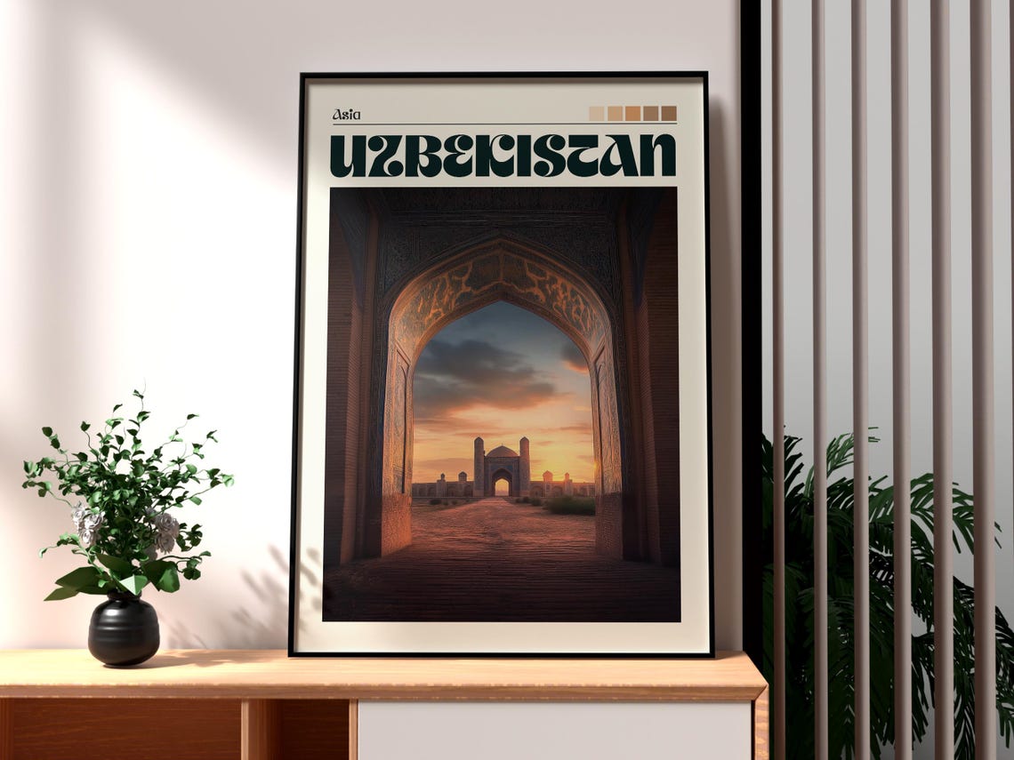 Uzbekistan Islamic Archway Domed Mosque Sunset View Art Poster