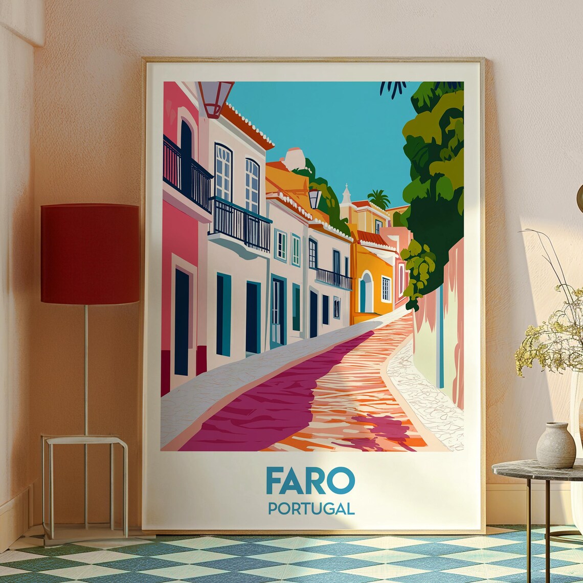 Faro Portugal Vintage Travel Poster Sunny Old Street Scene Art - Image 2