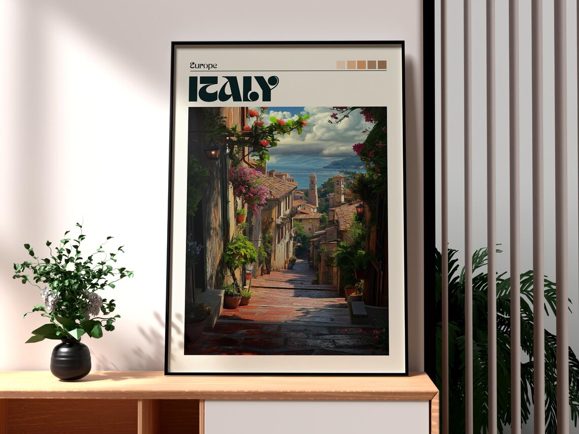 Italy Flower Alley Old Town Sea View Coastal Village Travel Poster