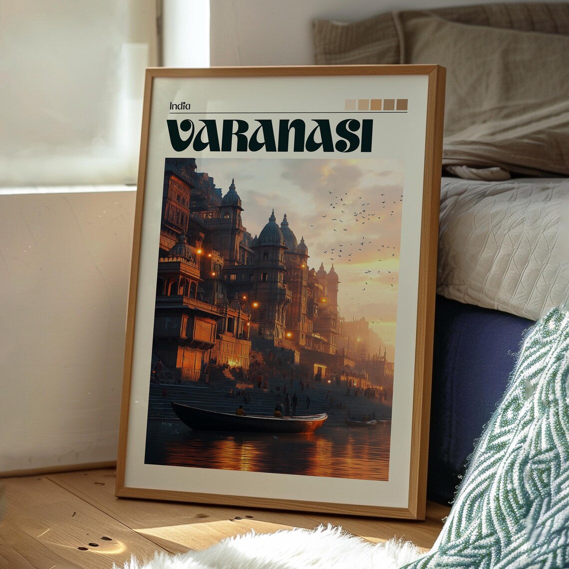 Varanasi India Ganges Ghats Sunset Boat River Scene Travel Poster - Image 3