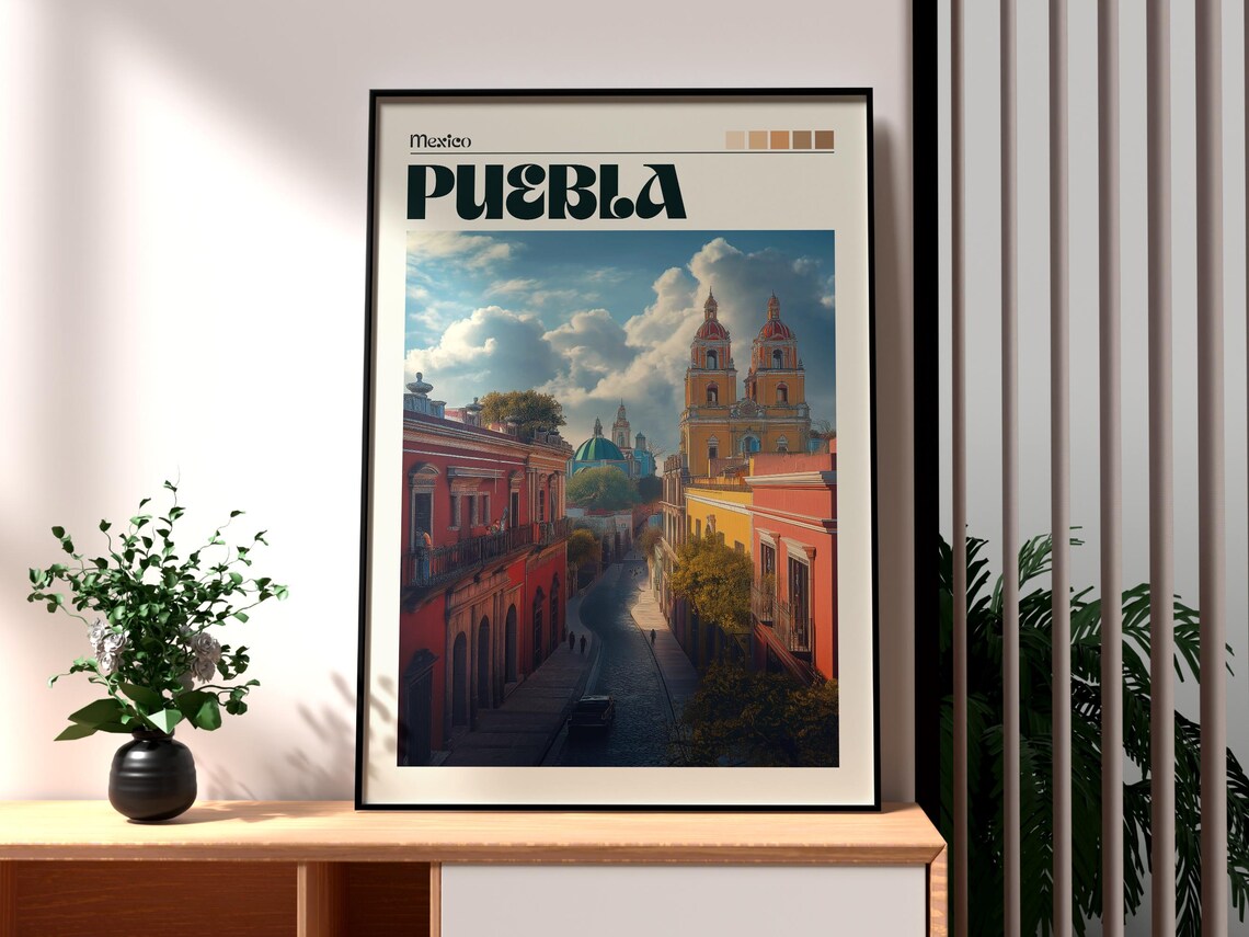 Puebla Mexico Vibrant Colonial Cathedral Street Retro Travel Poster