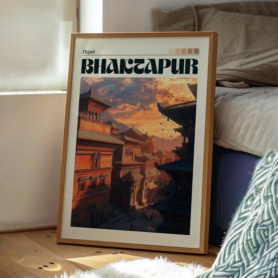 Bhaktapur Nepal Ancient Temple Square Sunset Sky Travel Poster - Image 3