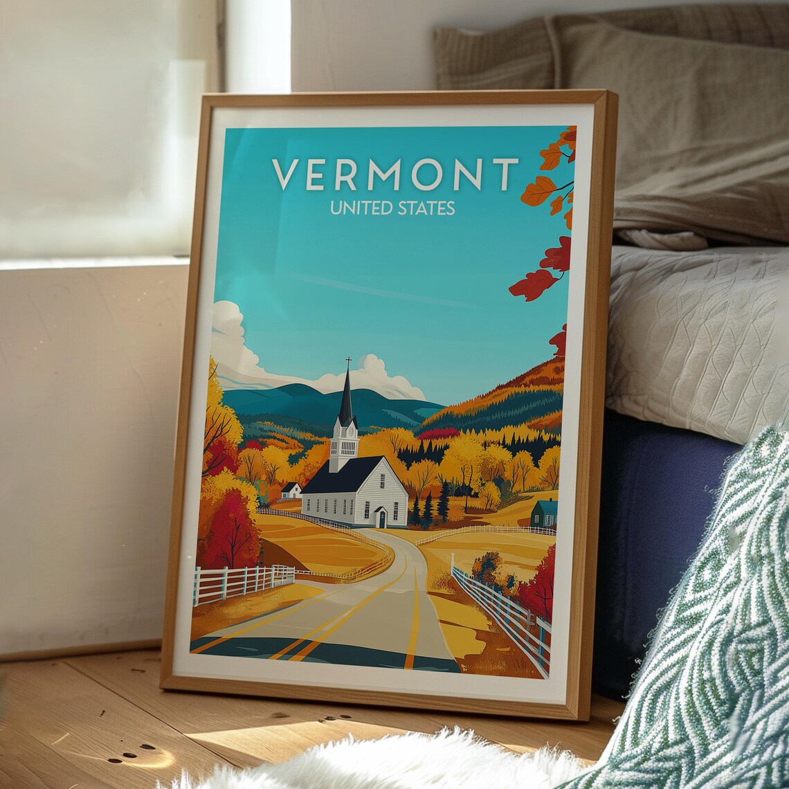 Vermont Fall Foliage White Church Country Road Vintage Poster - Image 3