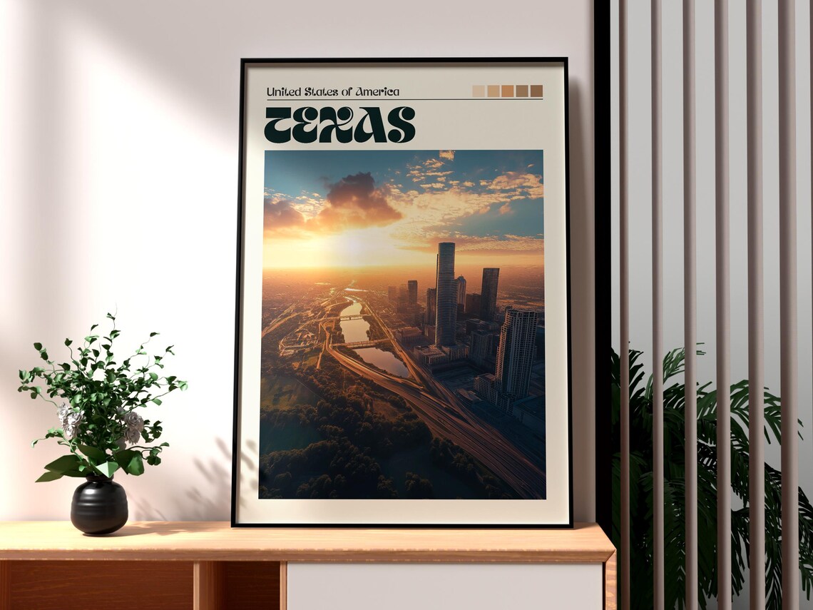 Texas USA Downtown Skyline Sunset Aerial Retro Travel Poster