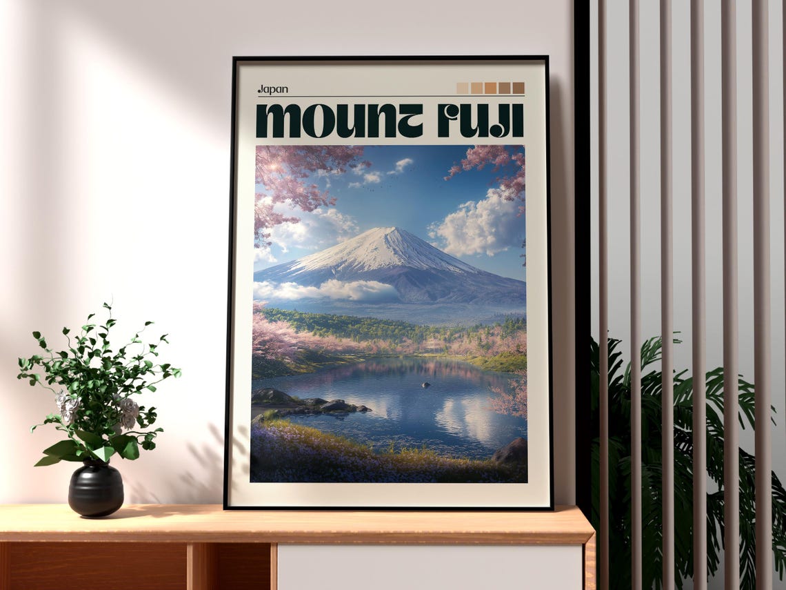 Mount Fuji Japan Cherry Blossoms Lake Reflection Spring Travel Poster