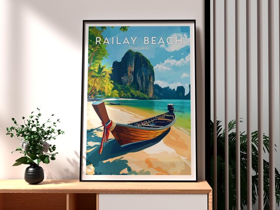 Railay Beach Thailand Longtail Boat Karst Cliffs Travel Poster