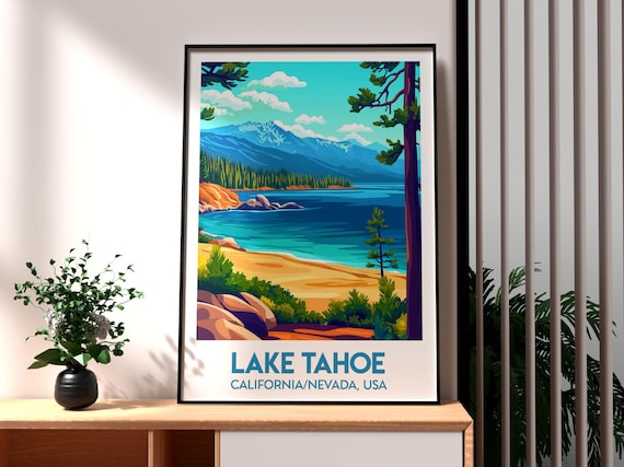 Lake Tahoe California Nevada Pine Beach Mountain Travel Poster