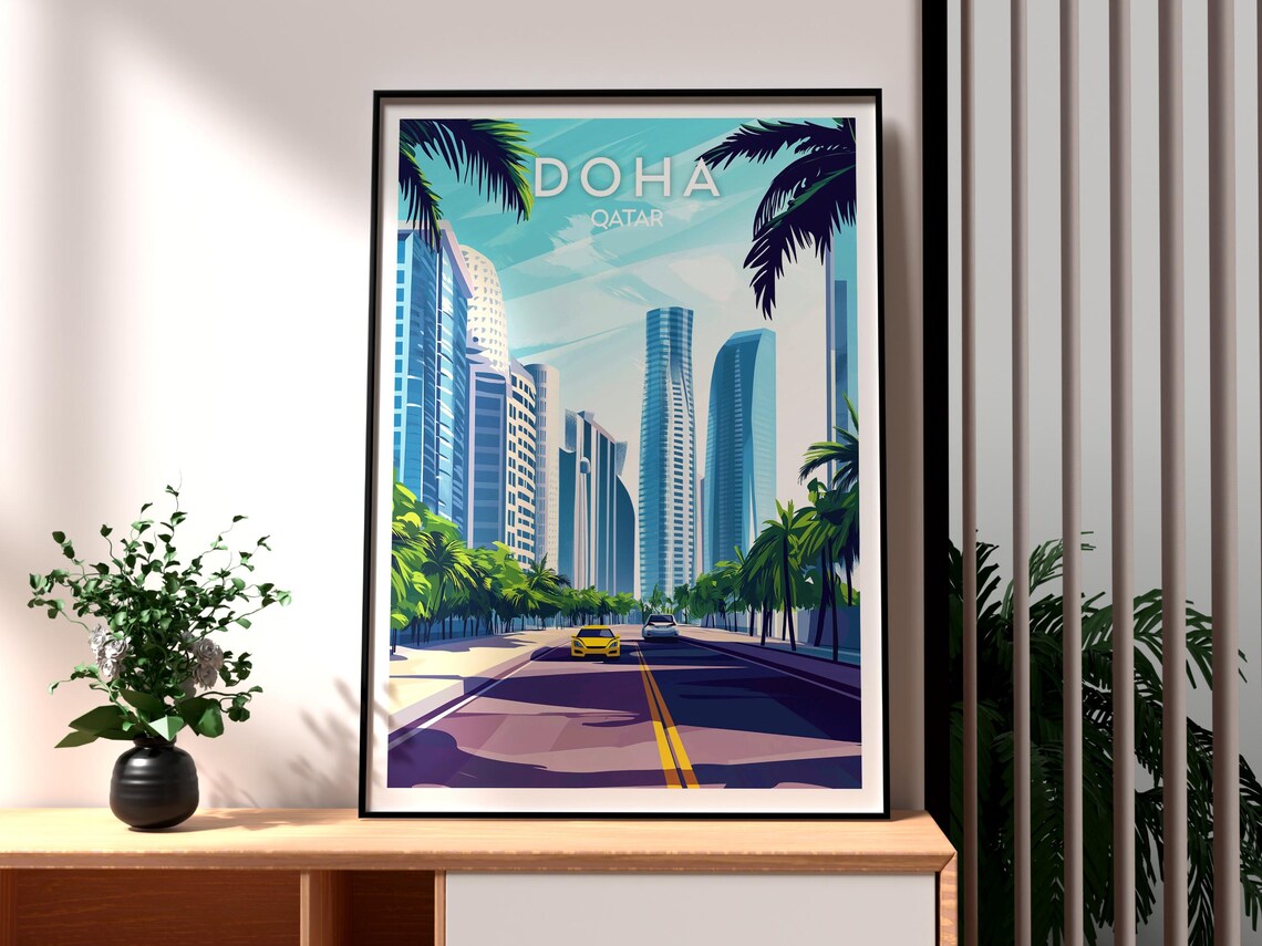 Doha Qatar Modern Skyscrapers Palm Lined Avenue City Travel Poster