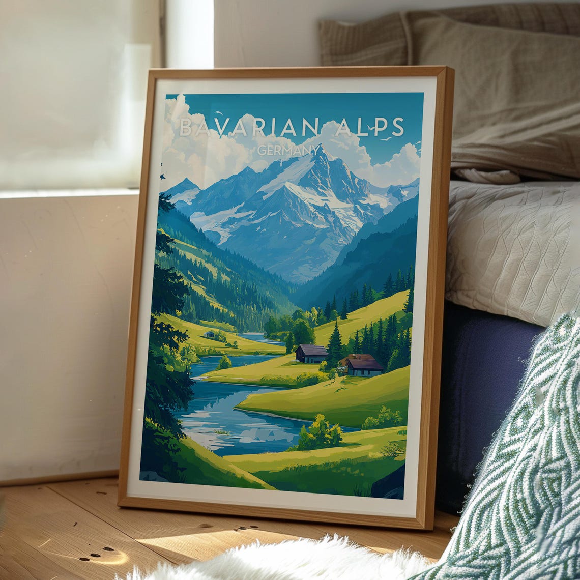Bavarian Alps Germany Snowy Peak Alpine Lake Chalet Travel Poster - Image 3