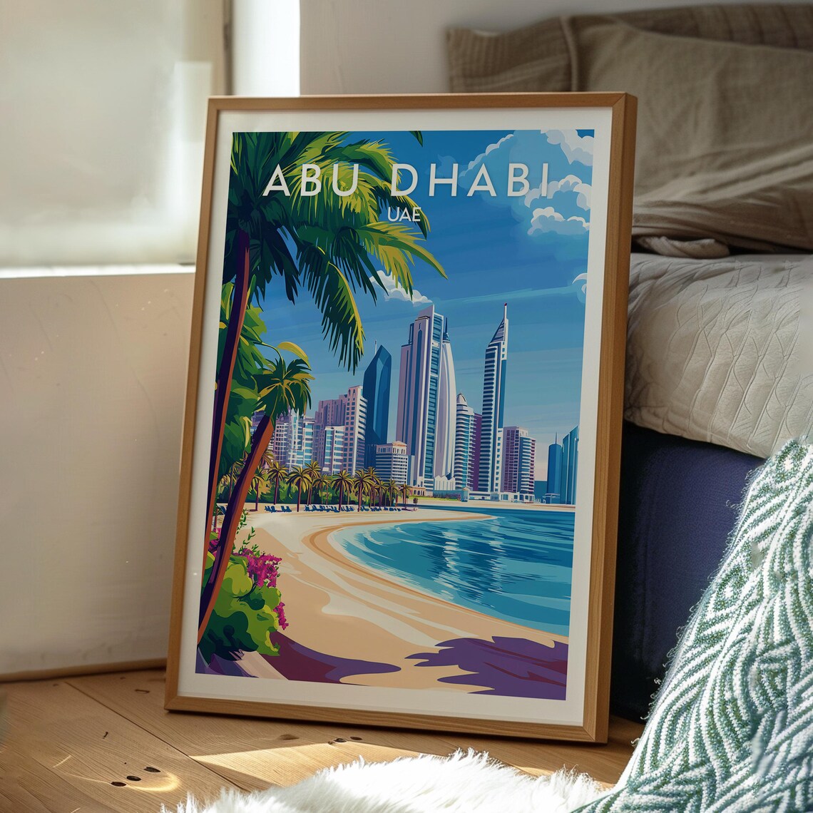 Abu Dhabi UAE Corniche Beach Palm Skyline Arabian Gulf Travel Poster - Image 3