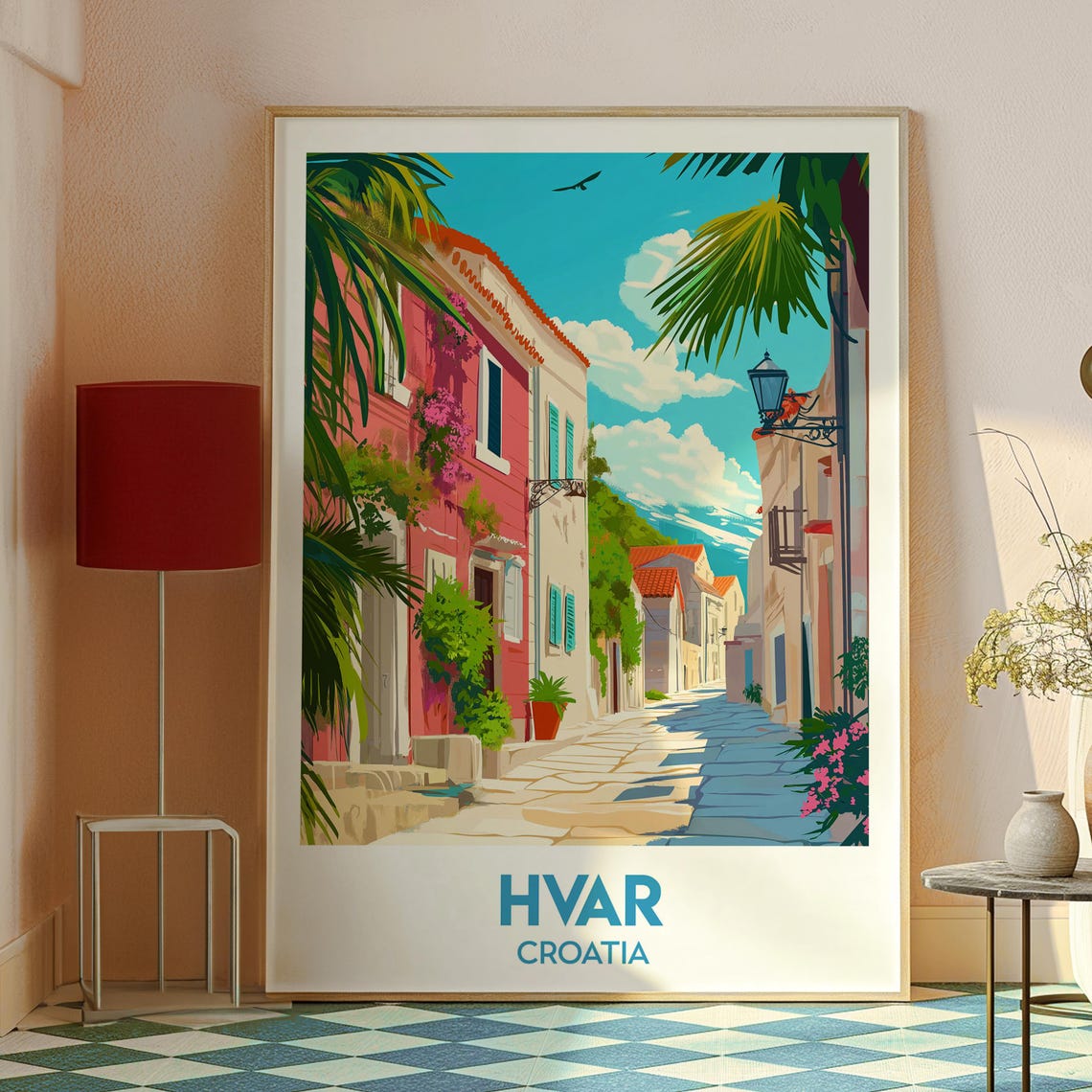 Hvar Croatia Old Town Lane Bougainvillea Palm Trees Island Poster - Image 2