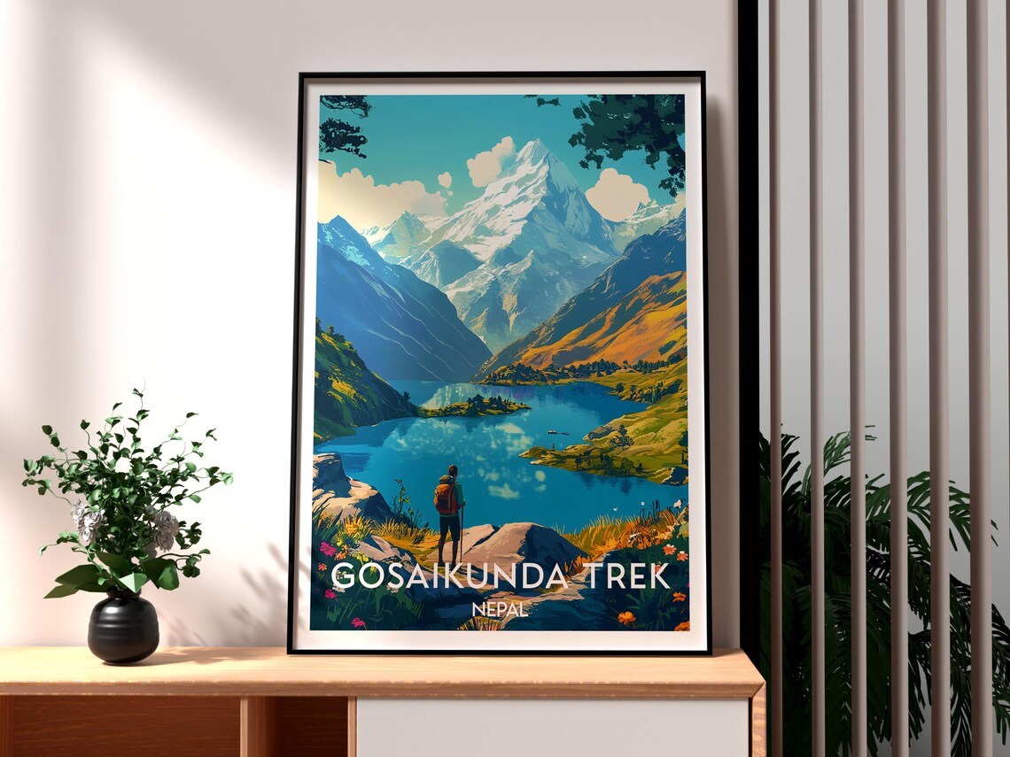 Gosaikunda Trek Nepal Alpine Lake and Hiker Mountain Travel Poster
