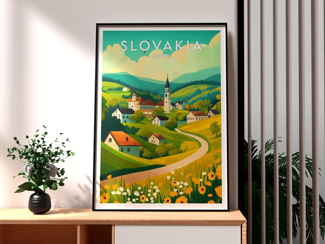 Slovakia Europe Village Church Green Valley Wildflower Travel Poster