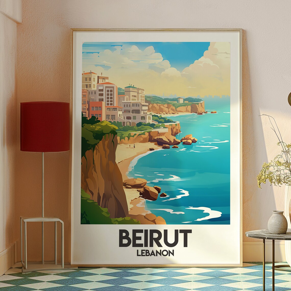 Beirut Lebanon Coastal Cliffs Turquoise Sea Illustration Art Poster - Image 2