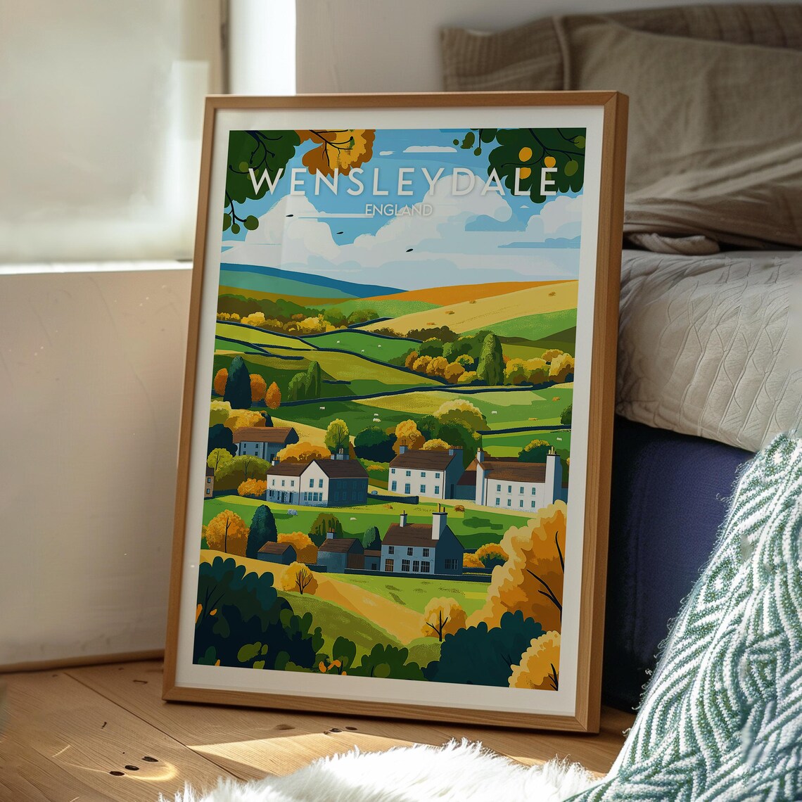 Wensleydale England Rolling Green Hills Farm Cottages Autumn Valley Poster - Image 3