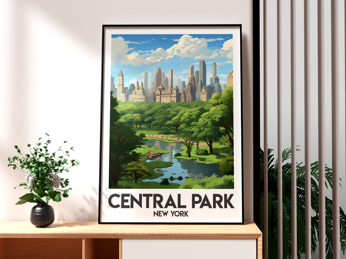Central Park New York City Skyline Pond Trees Illustration Poster