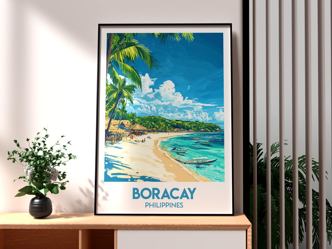 Boracay Philippines White Sand Beach Palm Retro Travel Poster