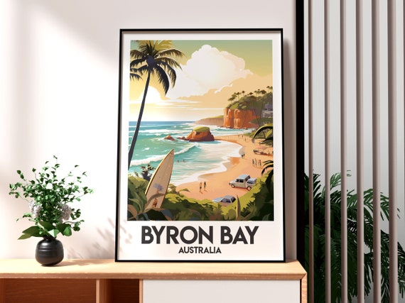 Byron Bay Australia Travel Poster, Beach Surfing