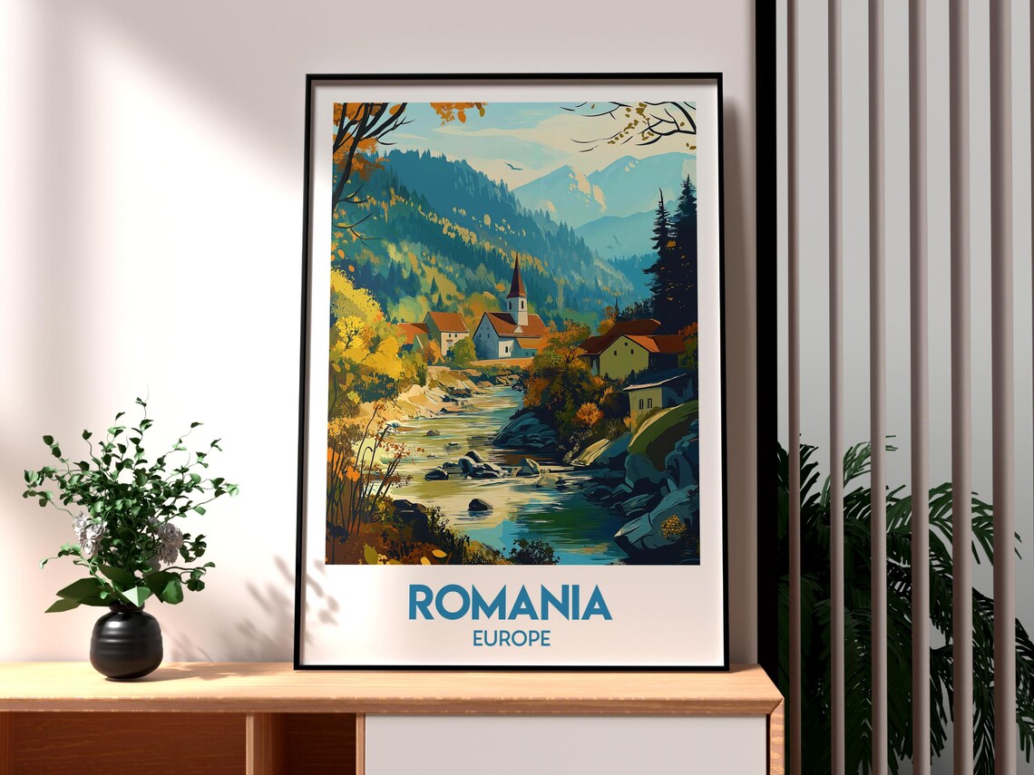 Romania Europe Mountain River Village Church Autumn Art Poster
