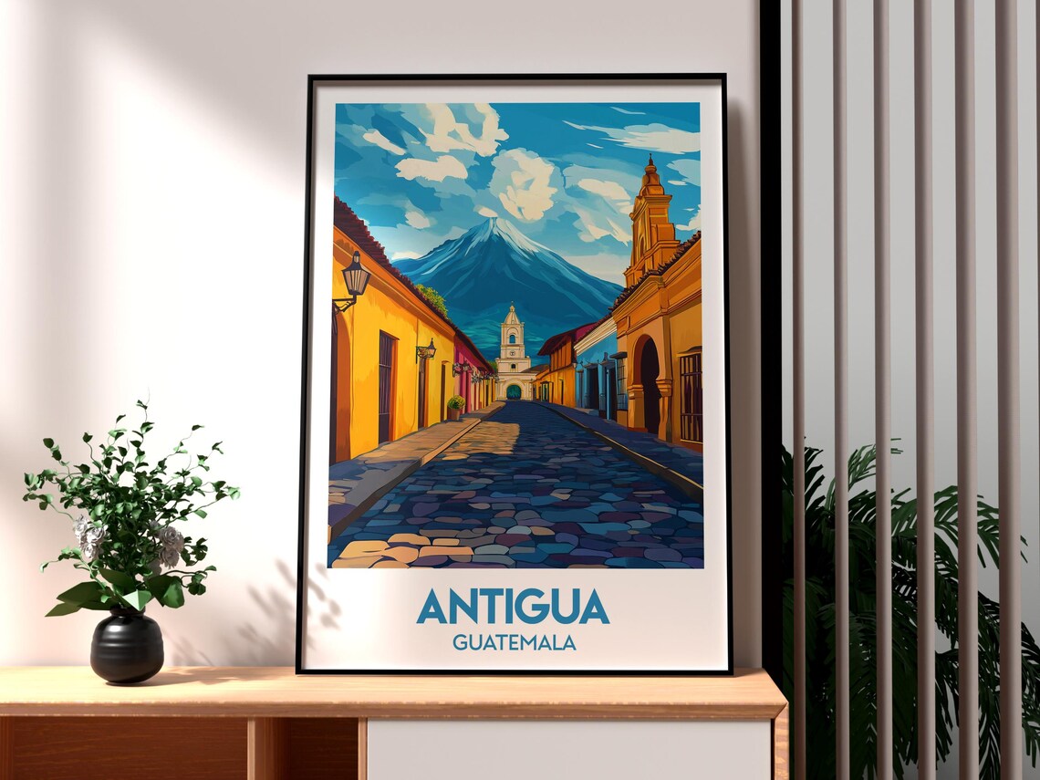 Antigua Guatemala Colonial Street Volcano Retro Travel Poster
