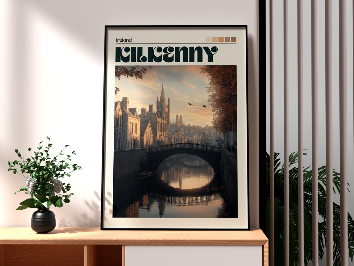 Kilkenny Ireland Stone Bridge River Sunset Vintage Travel Poster