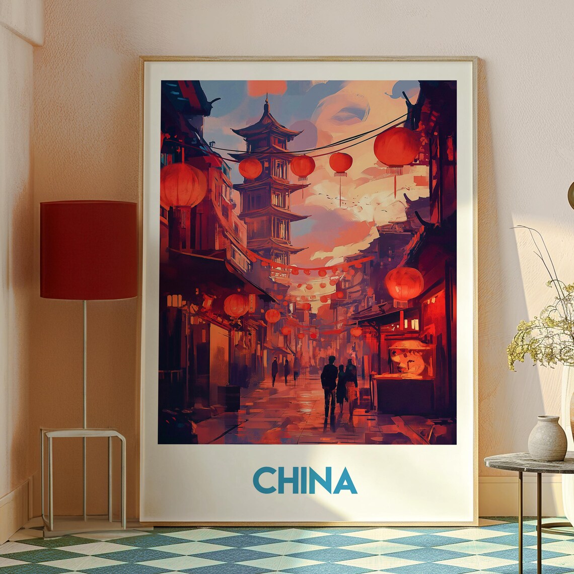 China Red Lantern Old Street Pagoda Night Scene Travel Poster - Image 2