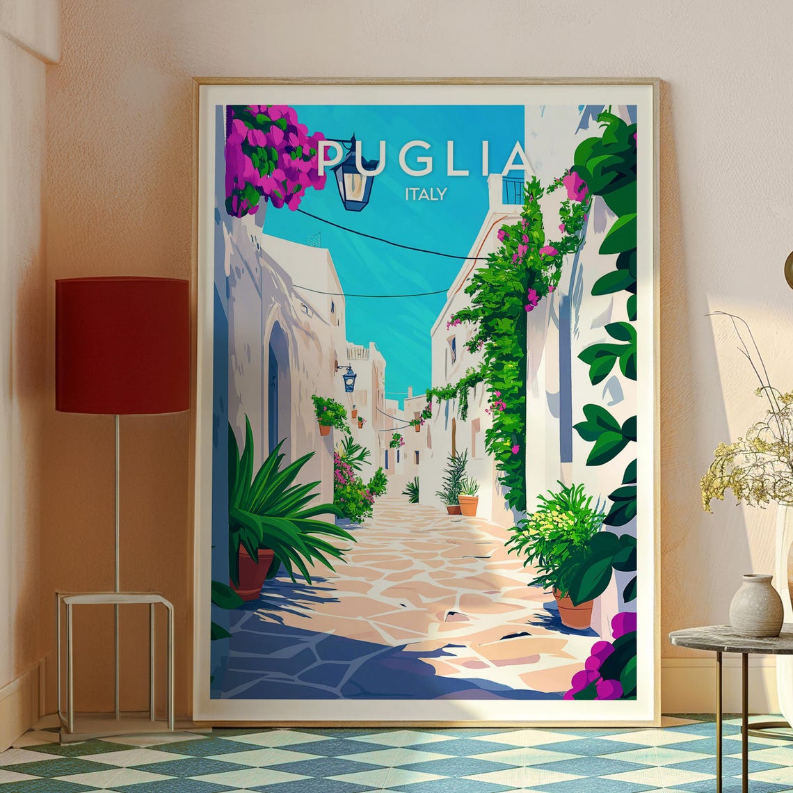 Puglia Italy Whitewashed Alley Bougainvillea Mediterranean Poster - Image 2