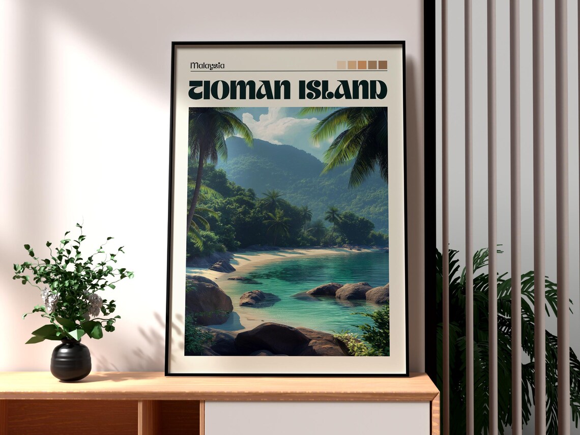 Tioman Island Malaysia Tropical Cove Palm Beach Retro Travel Poster