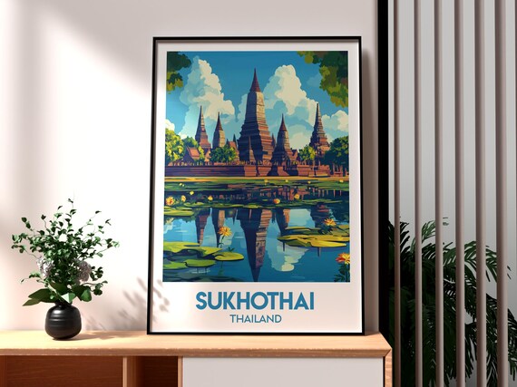 Sukhothai Thailand Temple Spires Lotus Pond Reflection Travel Poster