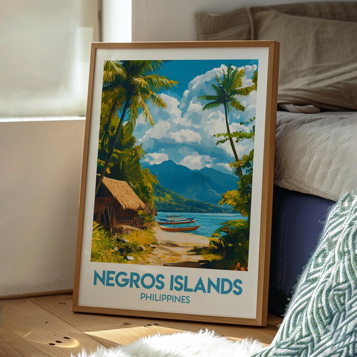 Negros Islands Philippines Tropical Beach Boat Hut Scene Travel Poster - Image 3