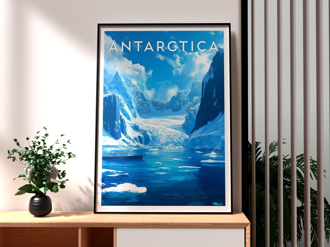 Antarctica Glacier Bay Ship Vintage Retro Style Travel Poster