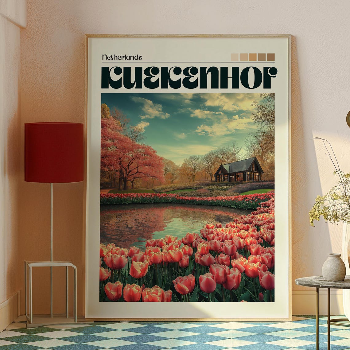 Keukenhof Netherlands Red Tulip Gardens Lake Sunset View Poster - Image 2