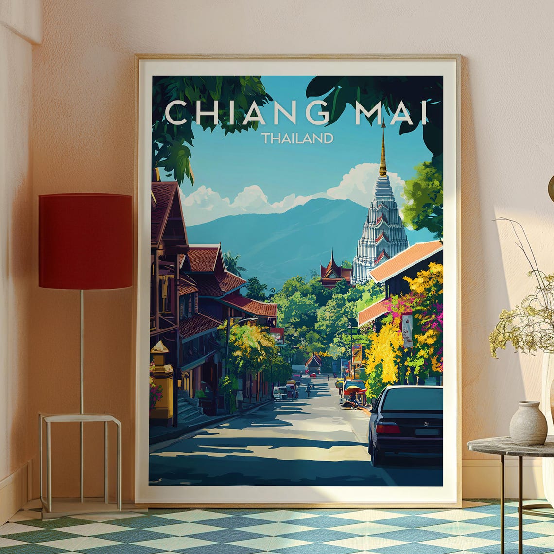 Chiang Mai Thailand Old Town Temple Street Mountains Travel Art Poster - Image 2