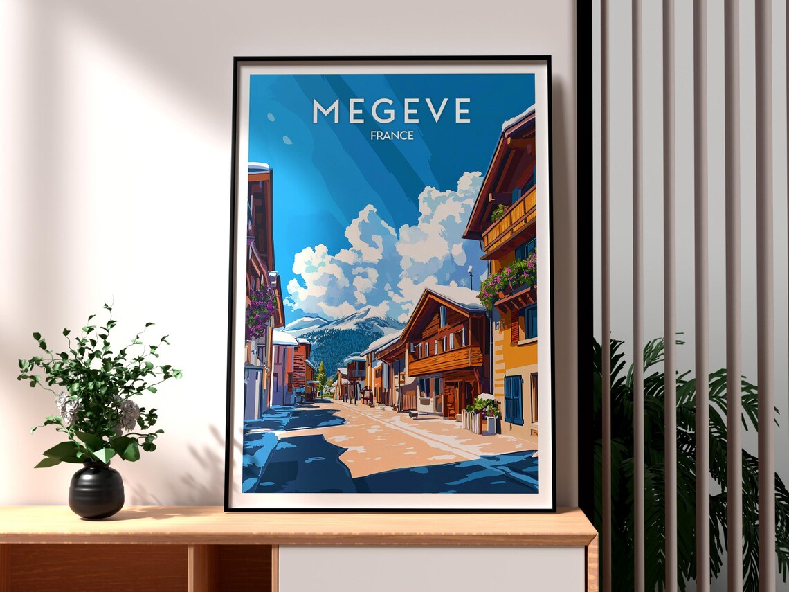 Megeve France Snowy Alpine Town Street Vintage Travel Art Poster