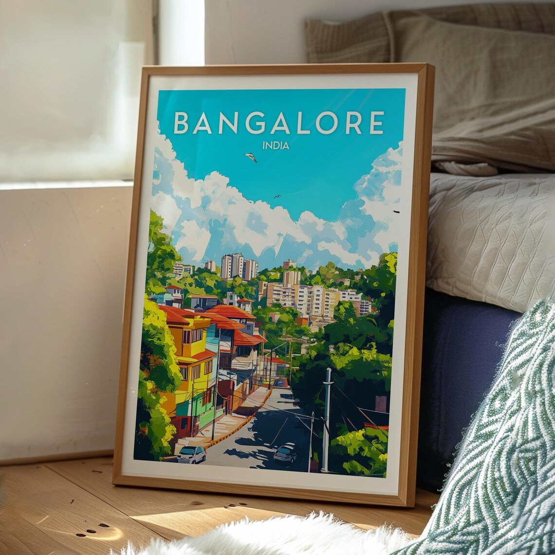 Bangalore India Retro Travel Poster Garden City Skyline Hills Artwork - Image 3