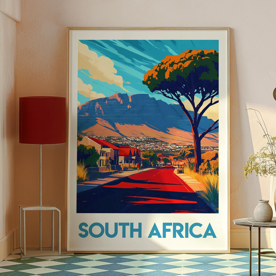South Africa Table Mountain Scenic Red Road Retro Travel Poster - Image 2