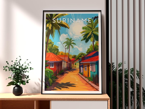 Suriname Tropical Street Colorful Houses Palm Trees Travel Poster