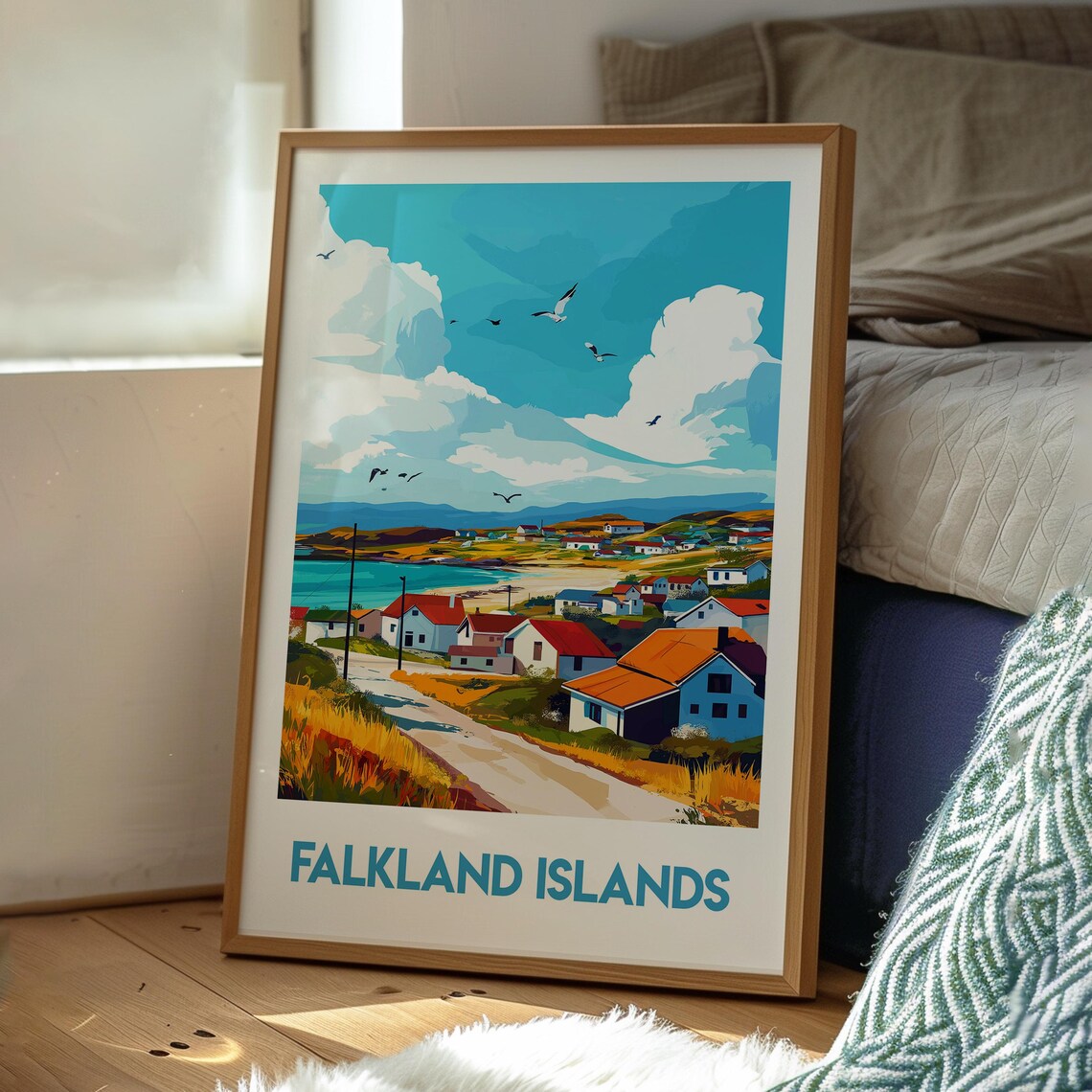 Falkland Islands Retro Travel Poster Coastal Village Beach Scene - Image 3