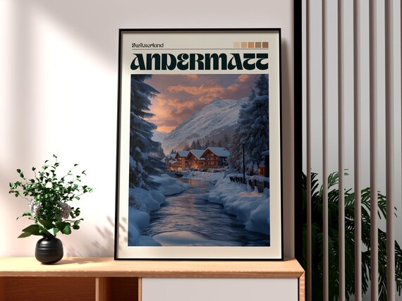 Andermatt Switzerland Snowy Alpine Village Vintage Travel Poster