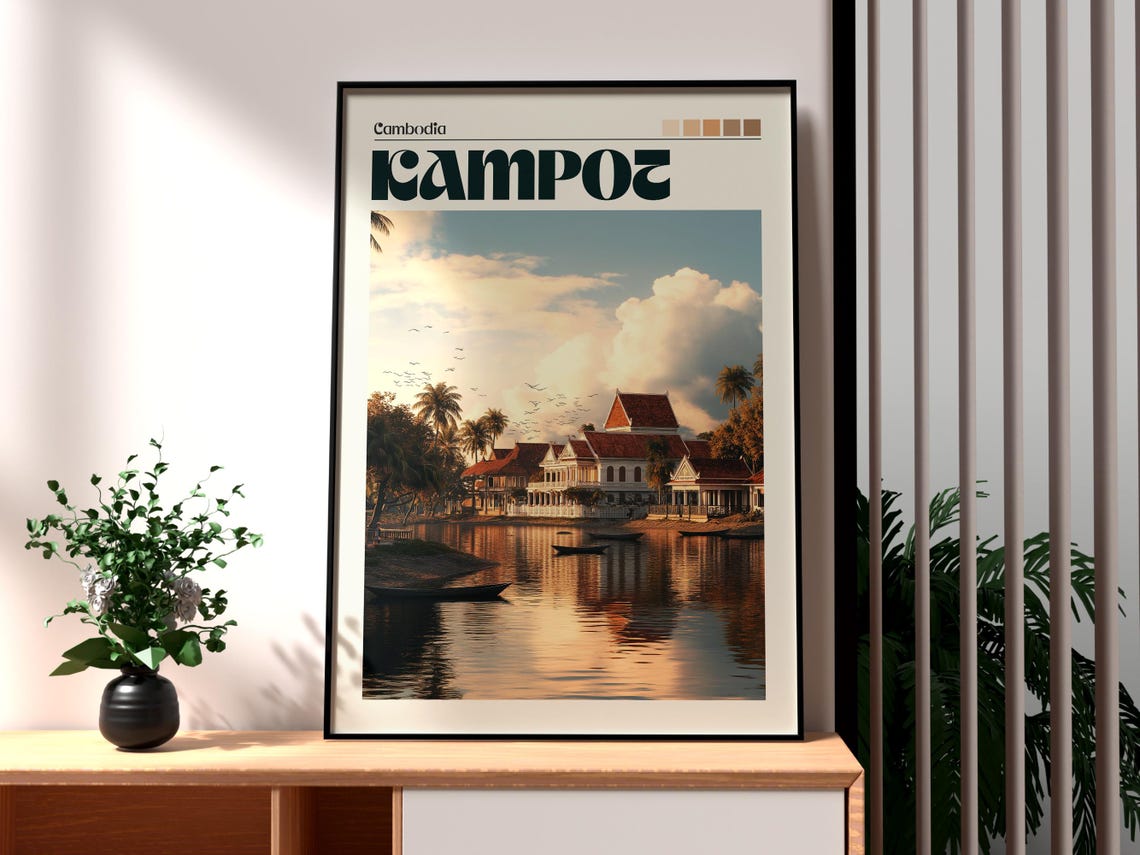 Kampot Cambodia Riverside Sunset Colonial Architecture Retro Poster