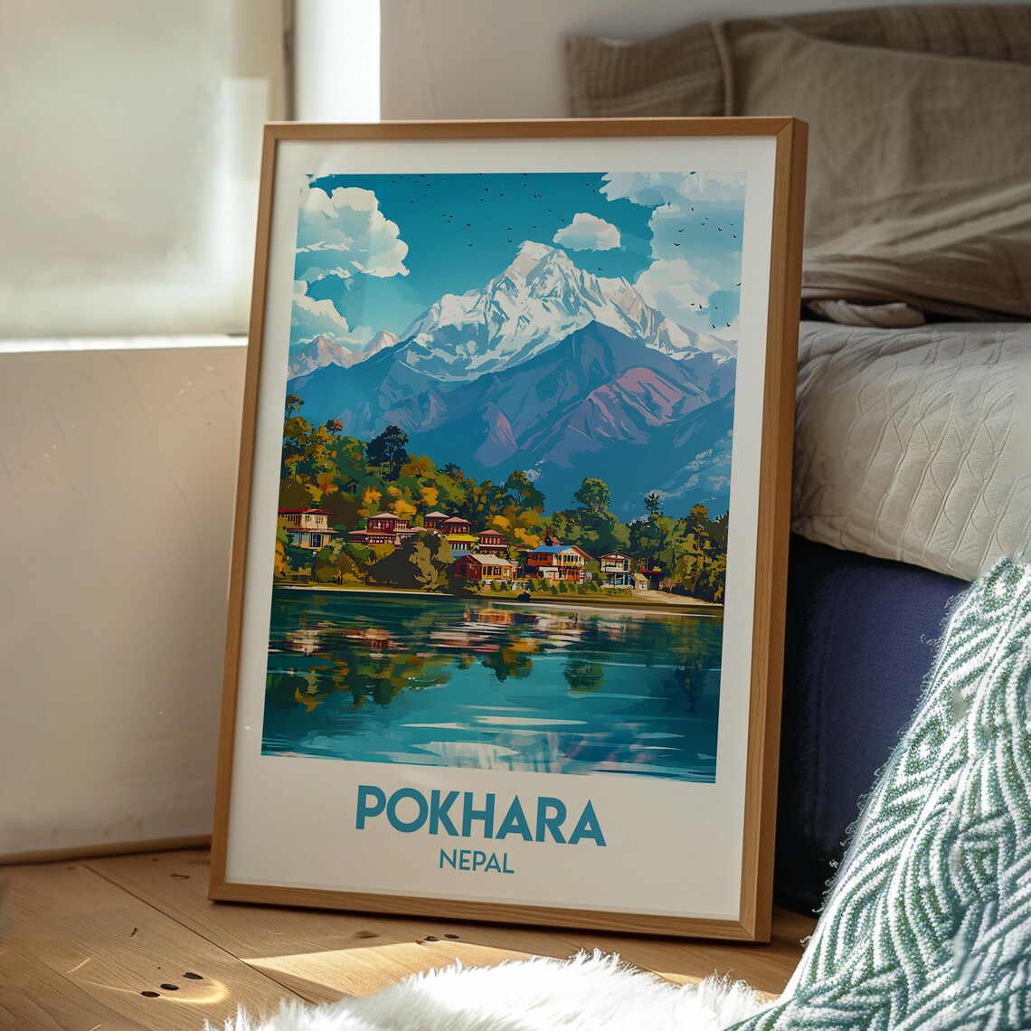 Pokhara Nepal Himalayan Lake Village Snow Mountain Travel Poster - Image 3