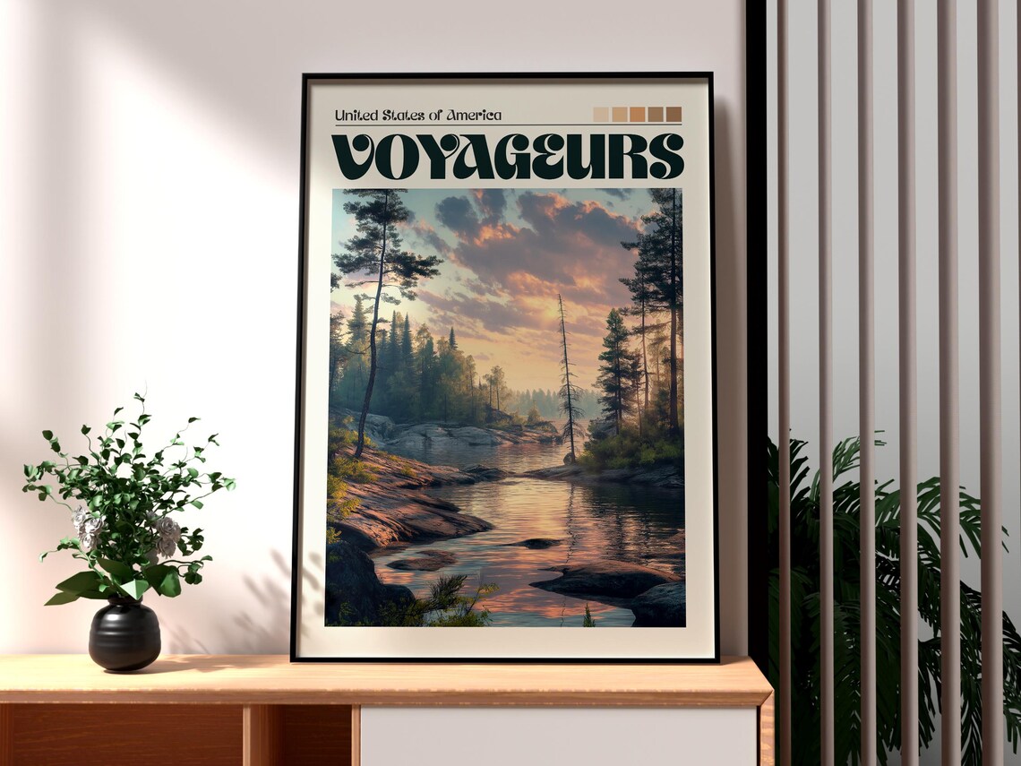 Voyageurs Minnesota Pine Lake Sunset Pines Rocky Shore Art Poster