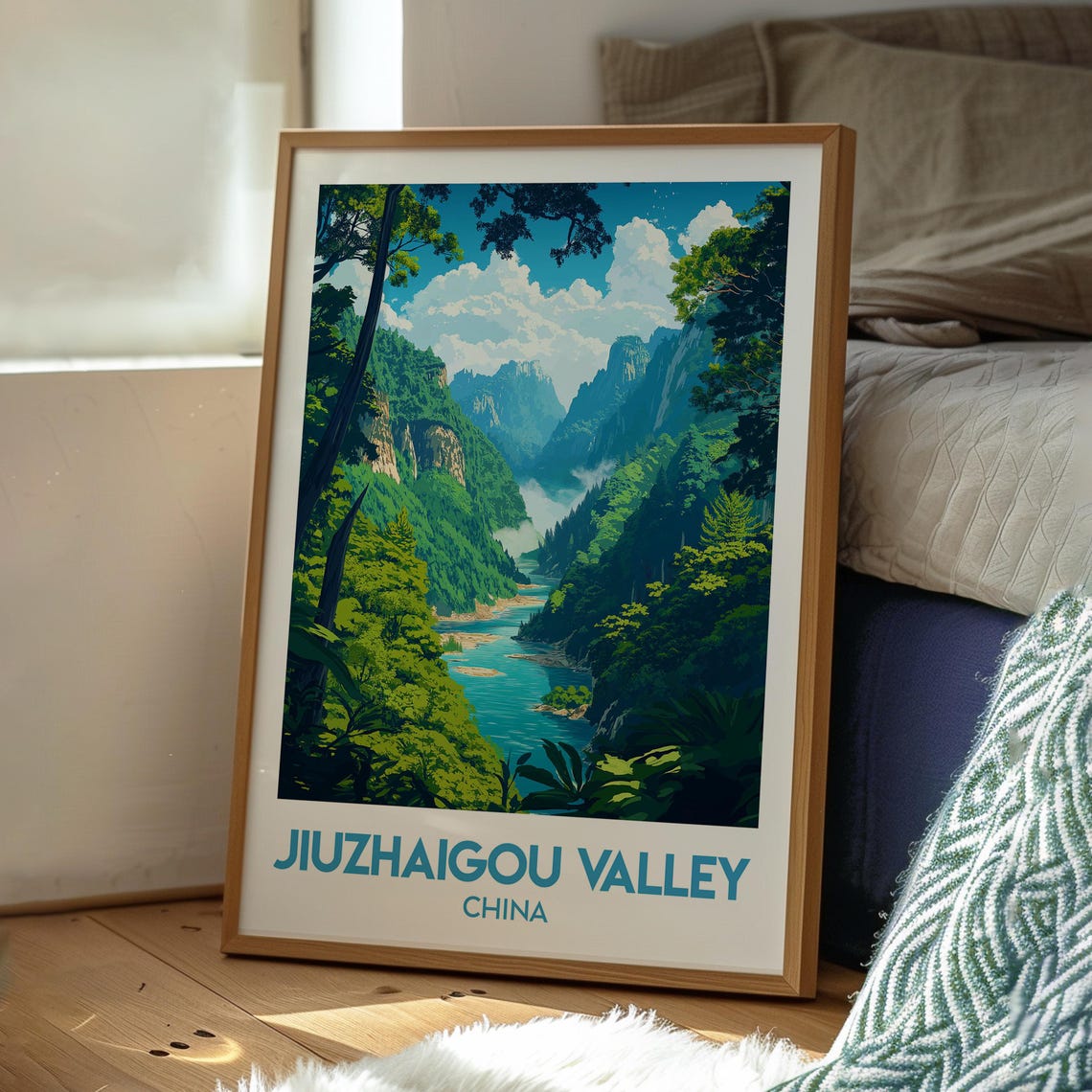 Jiuzhaigou Valley China Misty Mountain Gorge Turquoise River Poster - Image 3